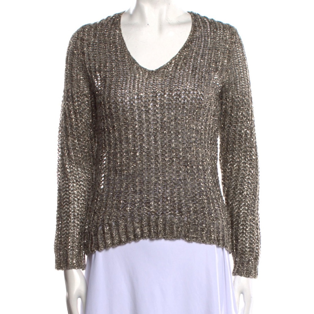 3.1 PHILLIP LIM Metallic Linen Cotton Open Knit V-Neck Sweater Top Small Gold